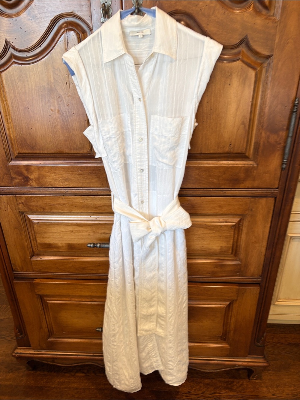Vince White Sleeveless Maxi Shirt Dress with Waist Tie